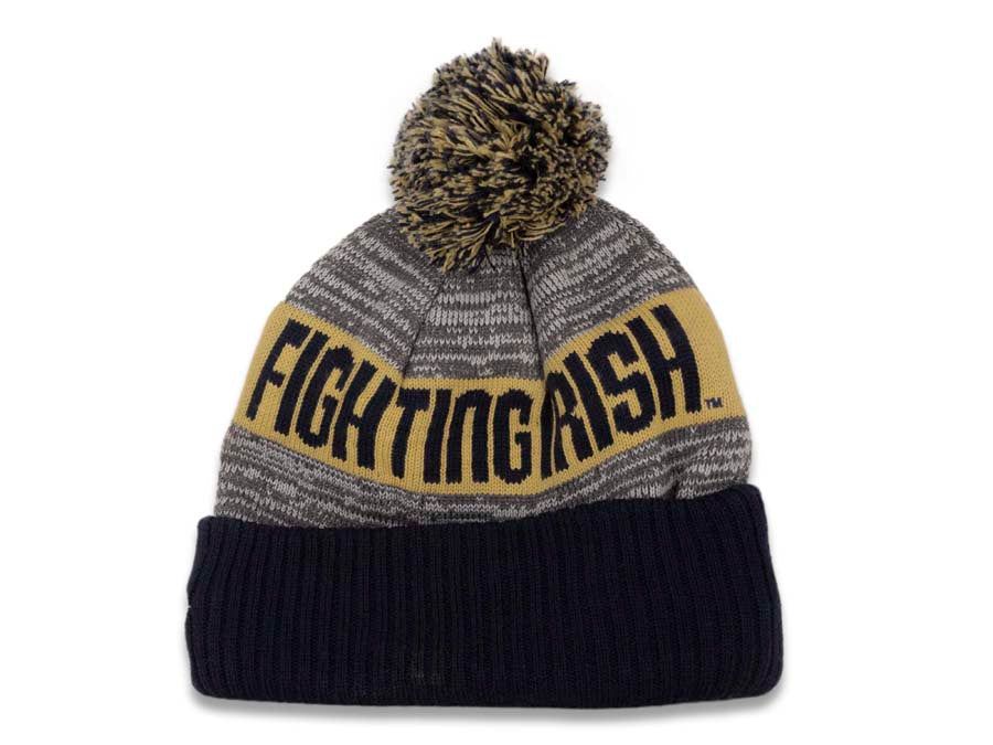 Notre Dame Fighting Irish New Era Cuffed Pom Knit Beanie Gray/Black/Tan Crown/Cuff Team Color Logo