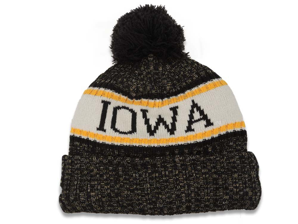 Iowa Hawkeyes New Era NCAA Cuffed Pom 2018 Sideline Knit Beanie Hat Black/White/Yellow Crown/Visor Team Color Logo