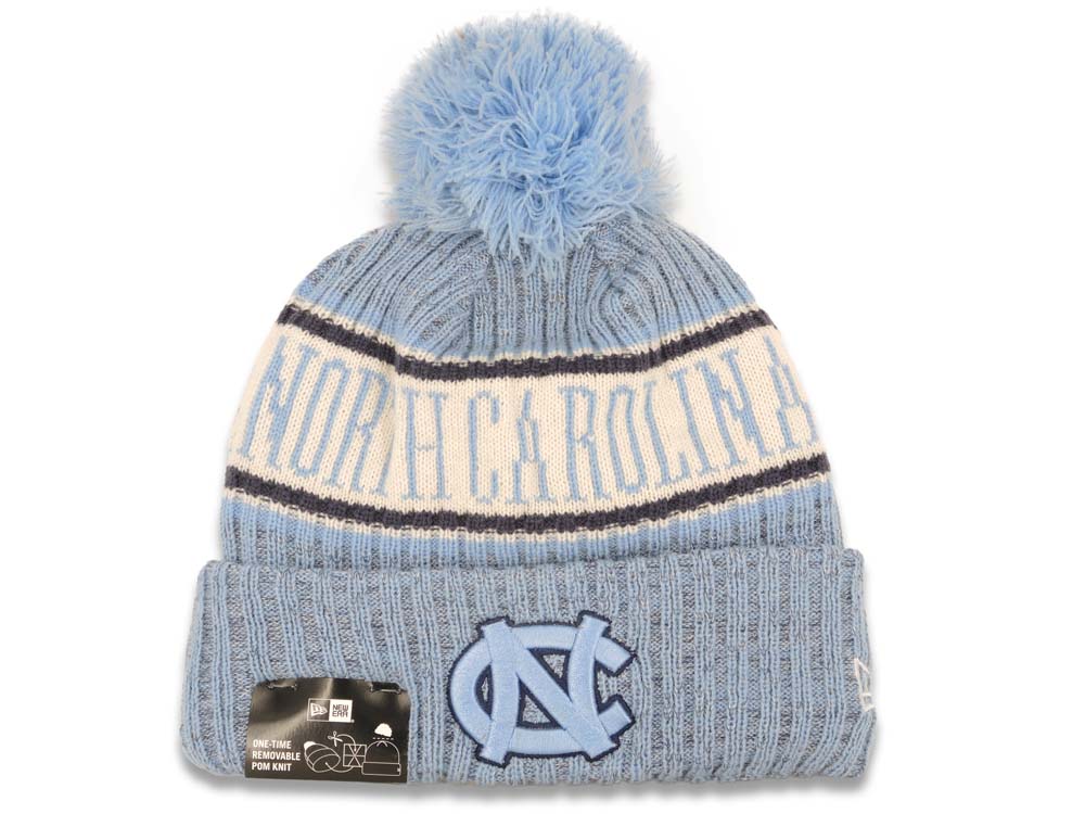 North Carolina Tar Heels New Era NCAA Cuffed Pom Knit Beanie Hat Sky Blue/White Crown/Visor Team Color Logo