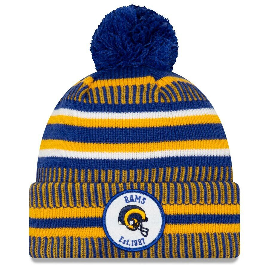 Los Angeles Rams New Era NFL 2019 Sideline Cuffed Pom Knit Hat Royal Blue/Yellow Crown/Visor Team Color Logo