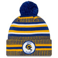 Los Angeles Rams New Era NFL 2019 Sideline Cuffed Pom Knit Hat Royal Blue/Yellow Crown/Visor Team Color Logo
