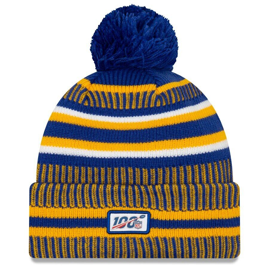 Los Angeles Rams New Era NFL 2019 Sideline Cuffed Pom Knit Hat Royal Blue/Yellow Crown/Visor Team Color Logo