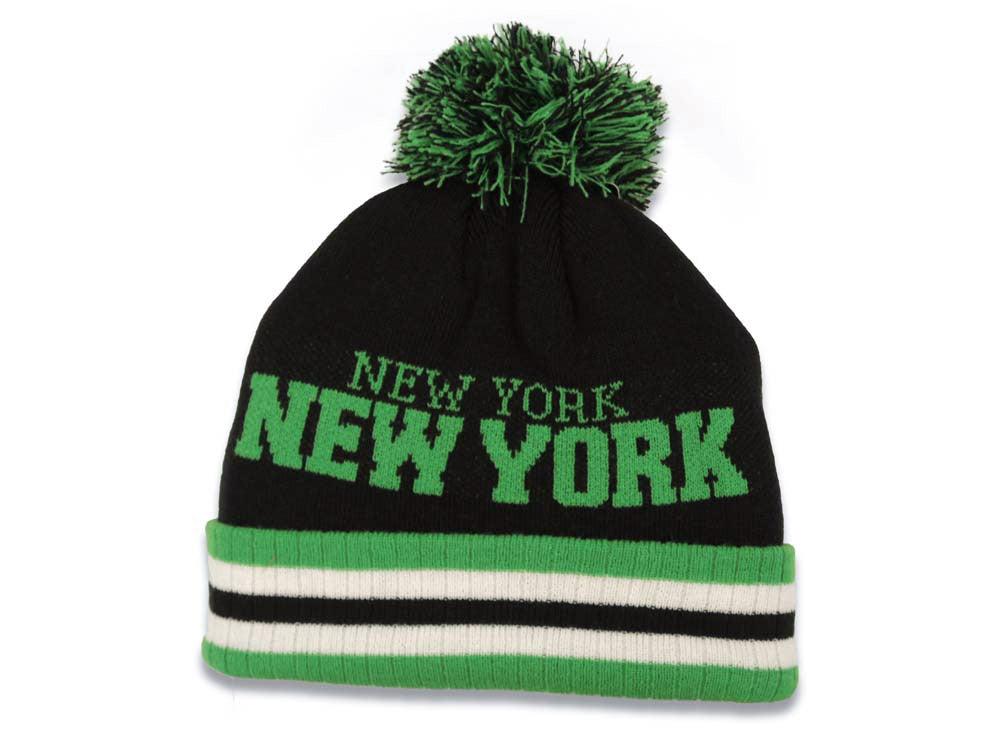 New York Cuffed Pom CH Stripe Beanie/Knit Black/Green/White Crown/Visor Team Color Logo