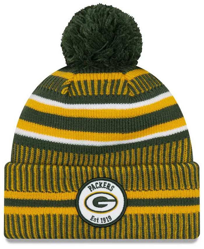Green Bay Packers New Era NFL Cuffed Pom Knit Beanie Hat Green/Yellow Crown/Visor Team Color Logo (2019 Sideline)