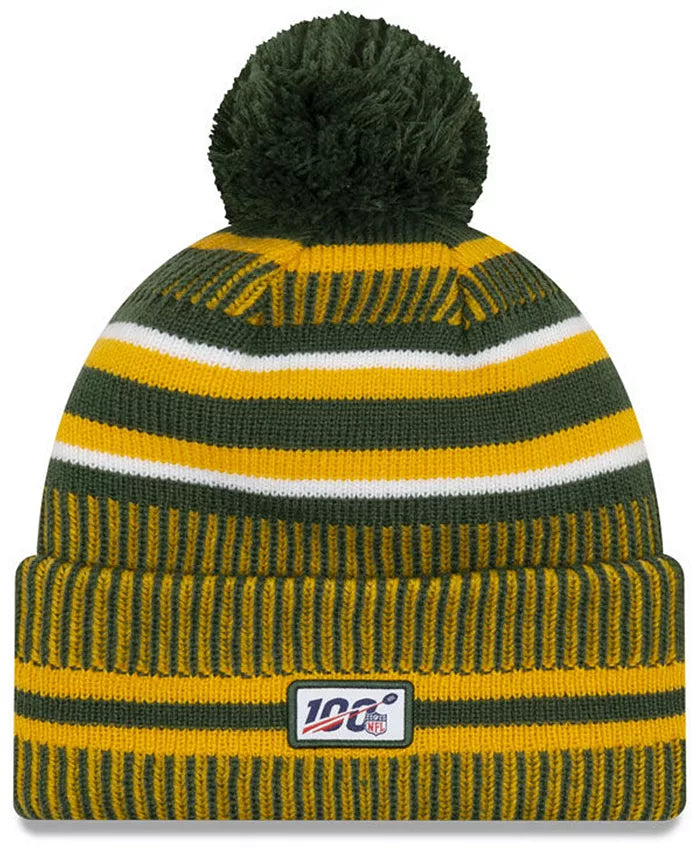 Green Bay Packers New Era NFL Cuffed Pom Knit Beanie Hat Green/Yellow Crown/Visor Team Color Logo (2019 Sideline)
